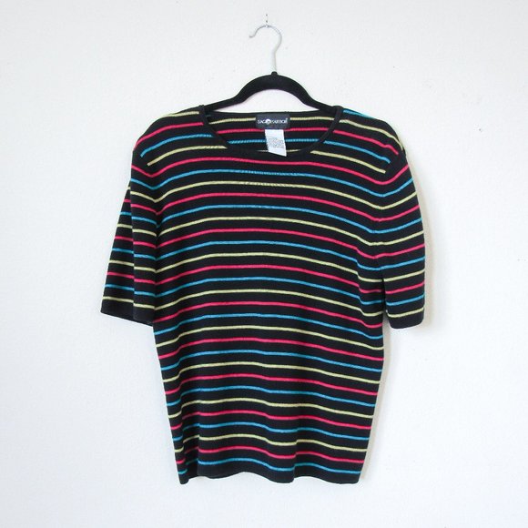 Sag Harbor Tops - VINTAGE Stretch Knit Short Sleeve Tee Multicolor Stripes
